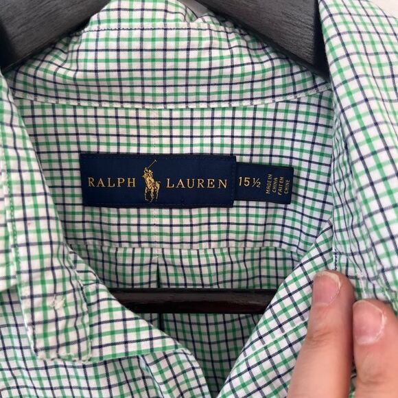 Ralph Lauren Blue Label Green Blue Small Checkered Cotton Logo Dress Shirt 15.5 - Picture 3 of 7